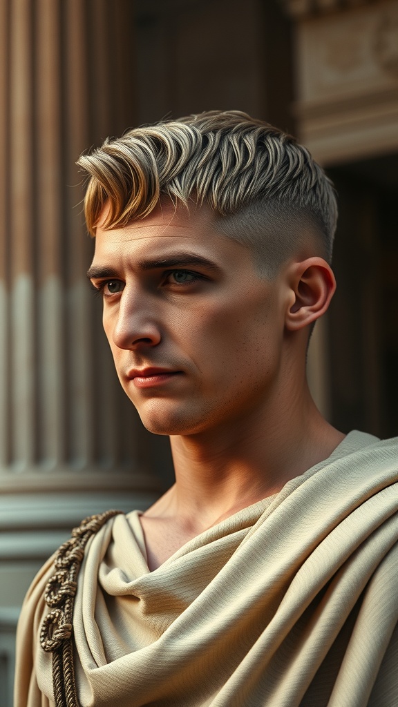 A close-up of a man with a Faded Caesar Cut hairstyle, featuring short faded sides and longer hair styled forward.