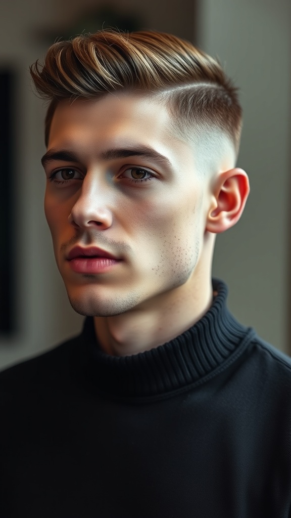 A young man with a faded Ivy League haircut, featuring a clean fade on the sides and longer hair on top, styled neatly.