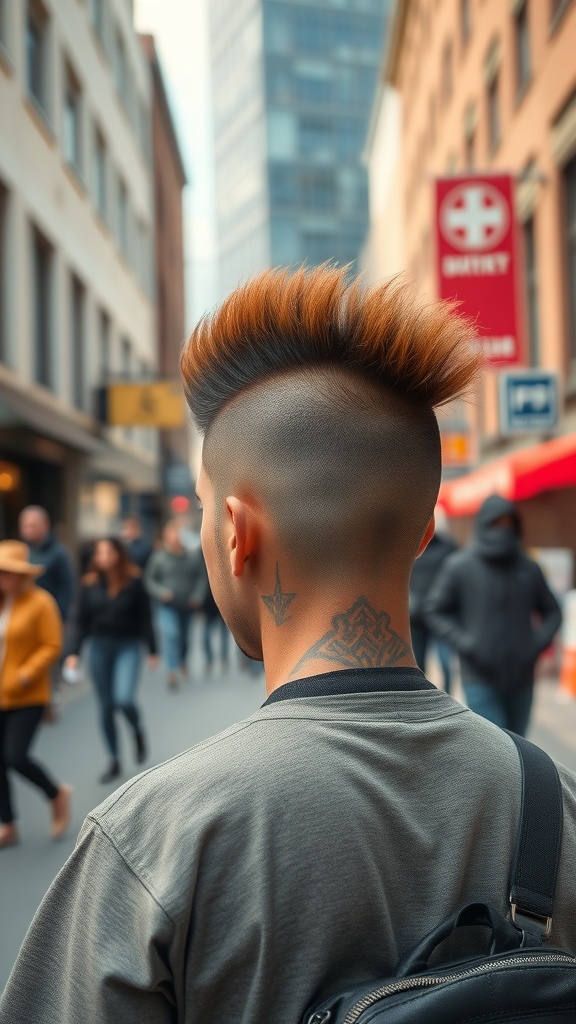 A person with a faded mohawk hairstyle walking in a city street.