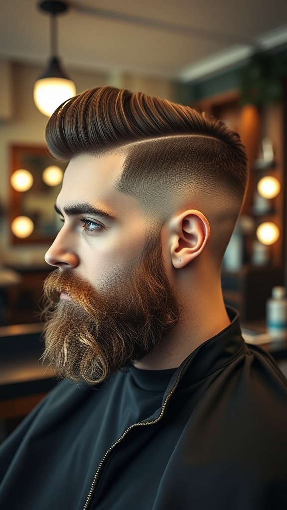 A man with a faded pompadour hairstyle and a well-groomed beard, showcasing a stylish look.