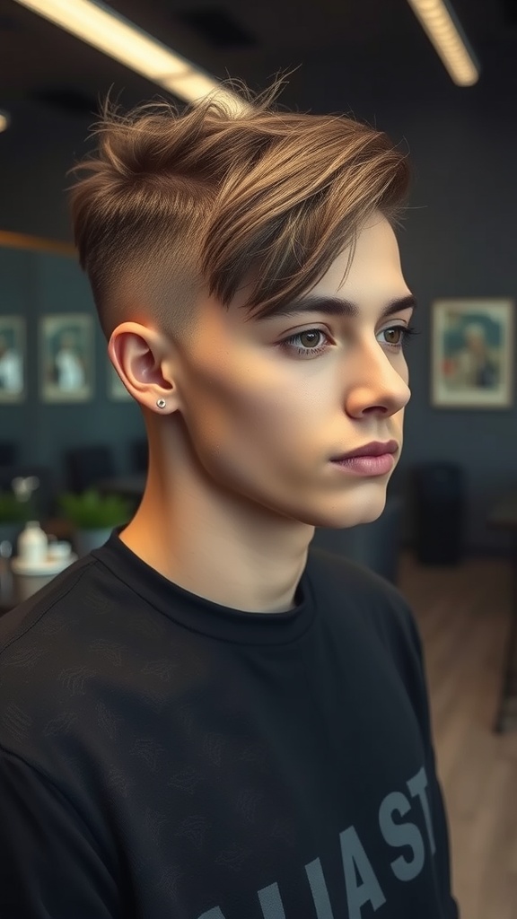 A young person with a faded side part haircut, showcasing a clean fade on the sides and longer hair on top.