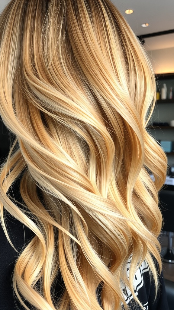 A close-up view of hair with champagne blonde highlights, showcasing soft golden tones and flowing waves.