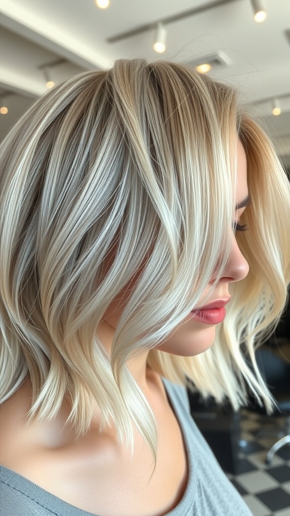 A woman with cool silver-blonde highlights styled in soft waves.
