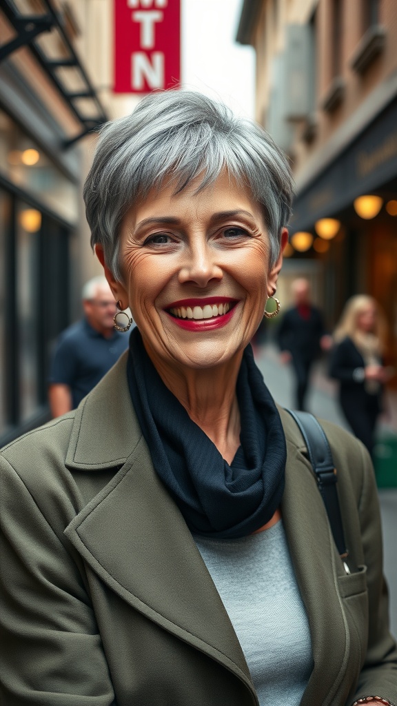 A smiling woman with short shag hairstyle and sideburns, wearing a stylish coat and scarf, standing in a city street.