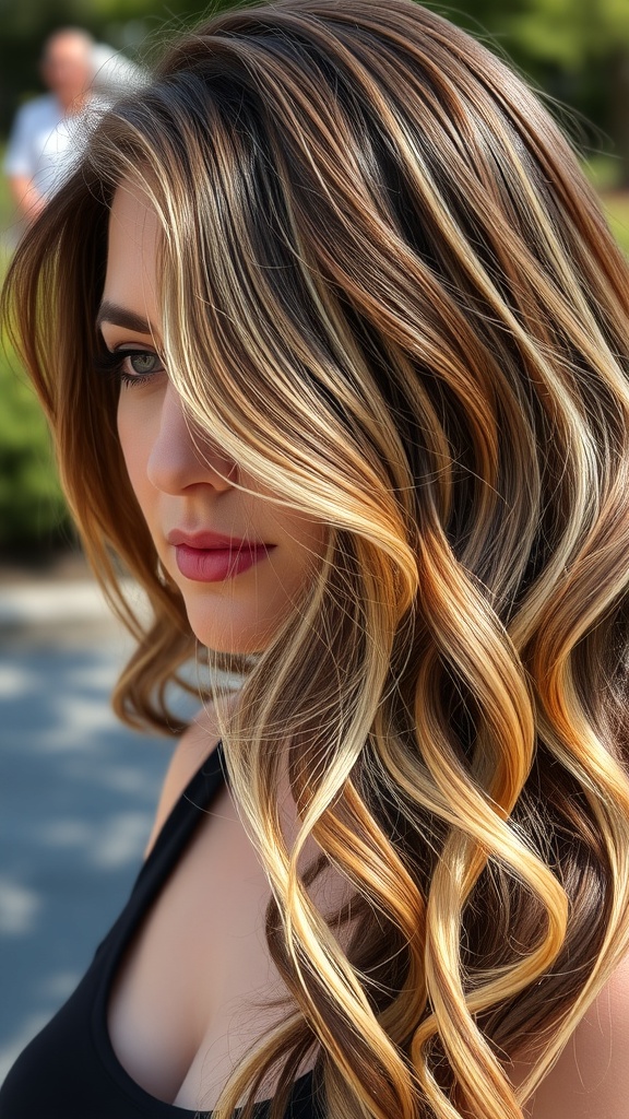 A woman with brunette hair featuring baby blonde highlights, styled in soft waves.