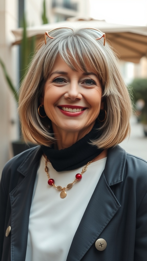 A woman with a shaggy bob hairstyle and layered bangs, smiling confidently.