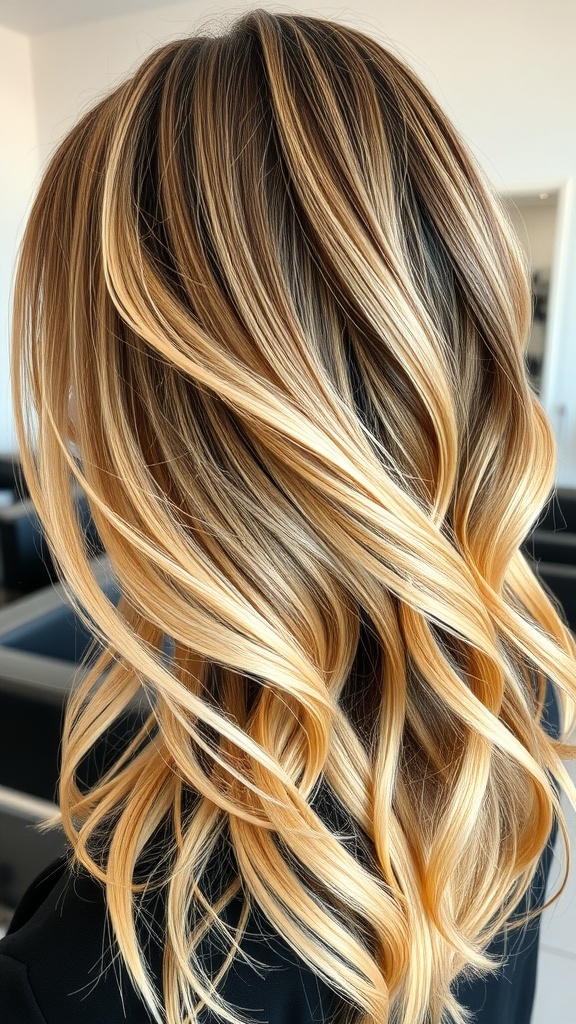 A close-up view of layered hair with feathered blonde highlights, showcasing soft waves and a sun-kissed appearance.