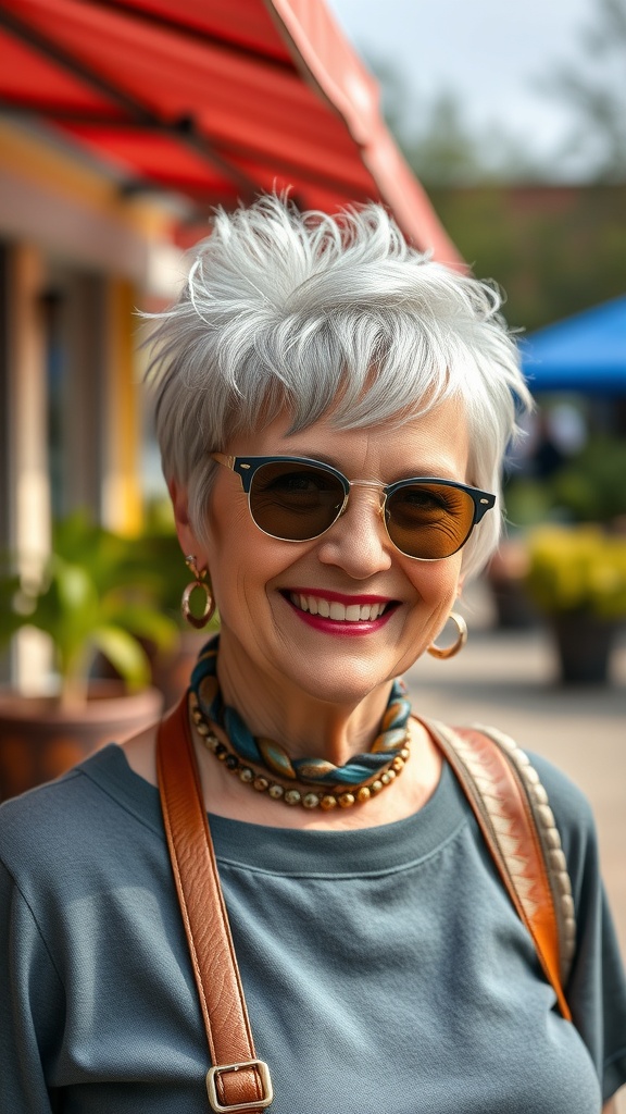 A woman with spiky shag hairstyle and sunglasses, showcasing a trendy look.