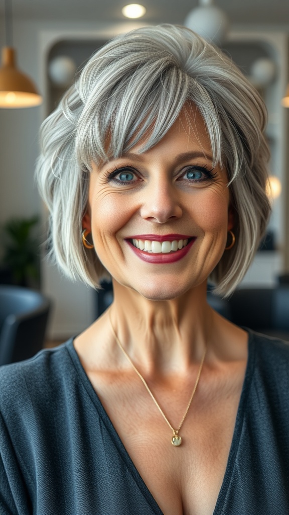 A smiling woman with short shag hairstyle and natural gray hair, showcasing a modern and stylish look.
