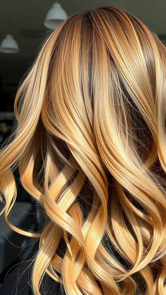 A close-up view of hair with toasted almond highlights styled in loose waves.