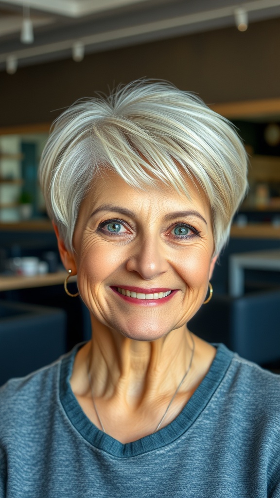 A smiling older woman with a stylish pixie shag haircut and undercut detail.