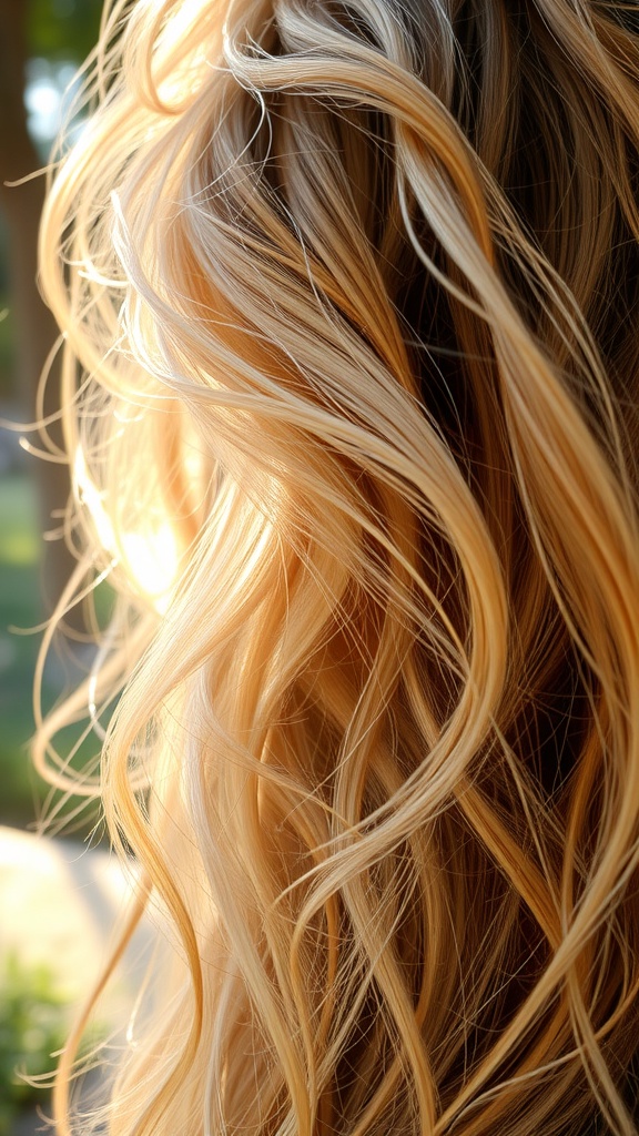 Close-up of wavy hair with blonde highlights, showcasing a tousled look.