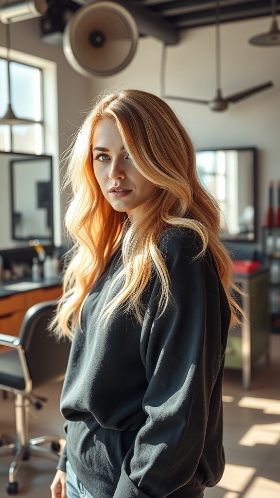 A model with rose gold blonde highlights in a stylish salon setting.
