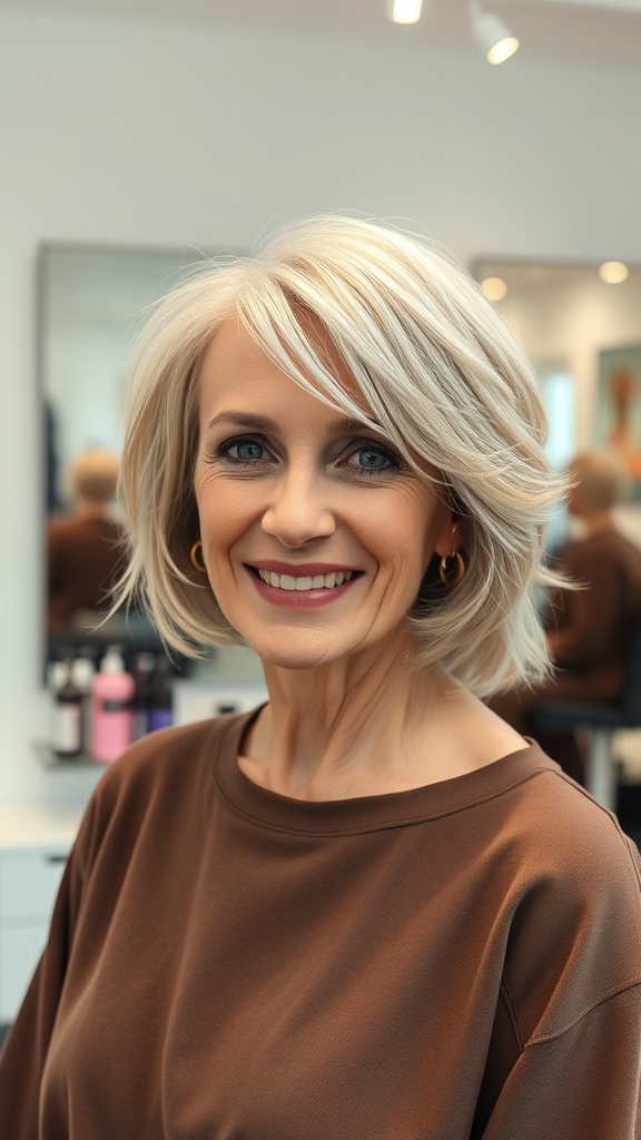 A woman with a soft shag hairstyle featuring delicate layers, smiling in a salon setting.
