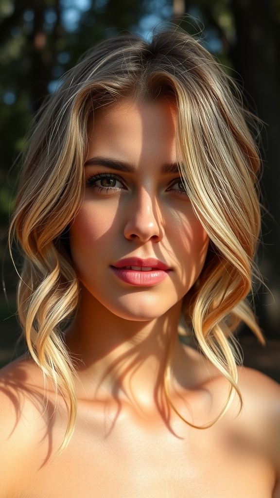 A woman with bronde highlights and soft waves, showcasing a natural and radiant look.