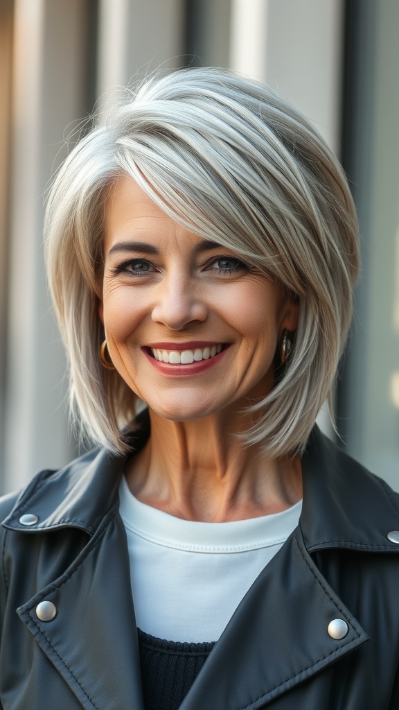 A woman with chin-length shag hair and choppy layers, smiling confidently.