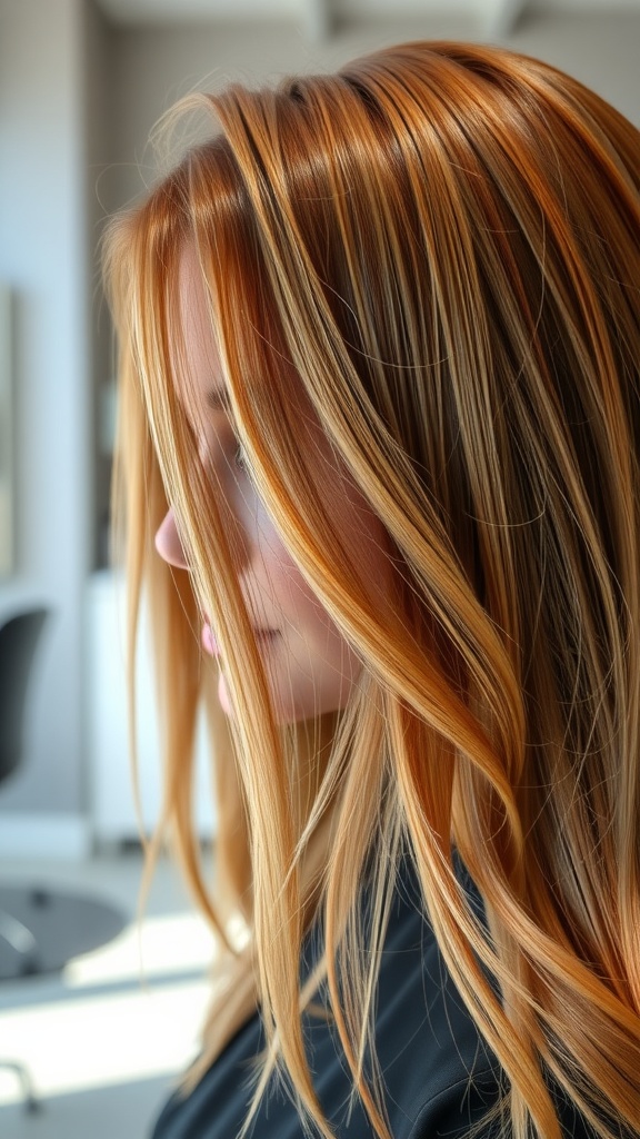 A woman with copper-infused blonde highlights, showcasing a blend of golden and copper tones in her hair.