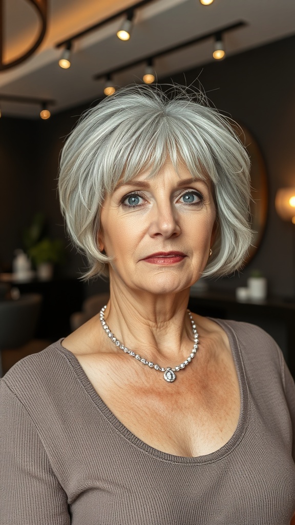 A woman with a layered shag hairstyle featuring flipped-out ends, wearing a necklace and a stylish top.