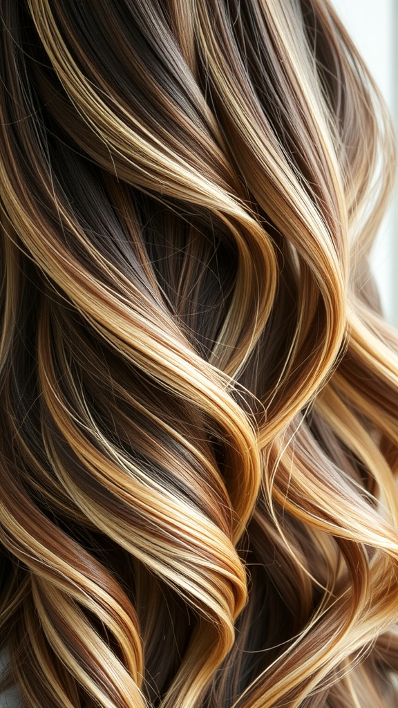 Close-up of wavy hair featuring sandy blonde highlights on dark hair.