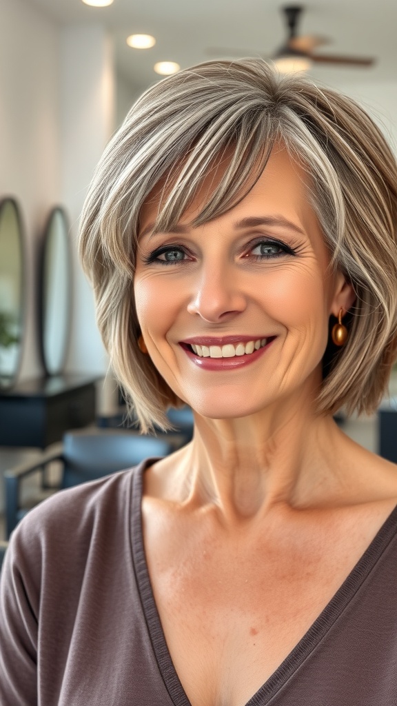 A woman with a short shag hairstyle featuring subtle balayage, smiling confidently.
