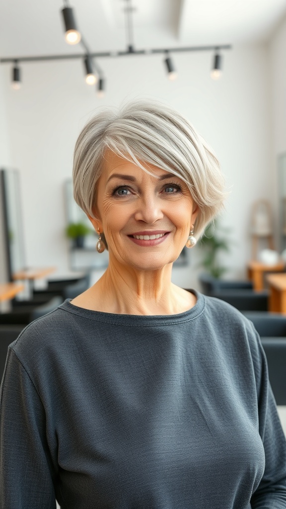 A woman over 60 with short textured shag hairstyle and side-swept bangs, smiling confidently.