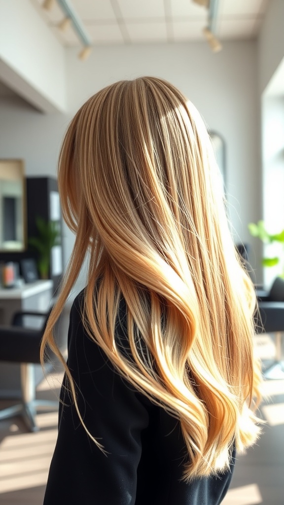 A woman with long, sun-kissed blonde balayage hair, showcasing soft waves and a natural look.