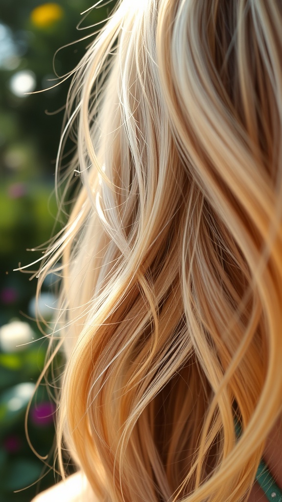 Close-up of wavy ash blonde hair with sunkissed highlights