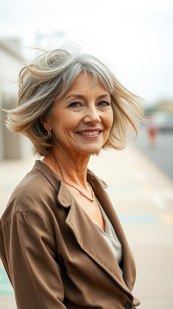 A woman over 60 with windswept shag hairstyle and piecey layers, smiling confidently.