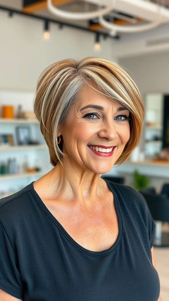 A woman with an angled shag haircut featuring long side pieces, smiling in a modern setting.