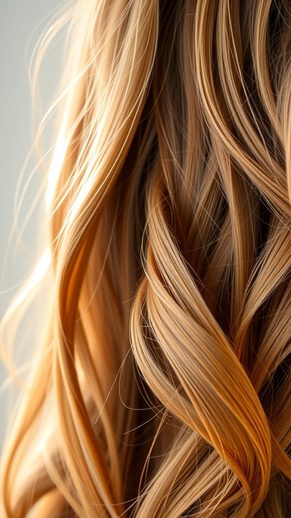 Close-up of wavy hair with cinnamon blonde highlights