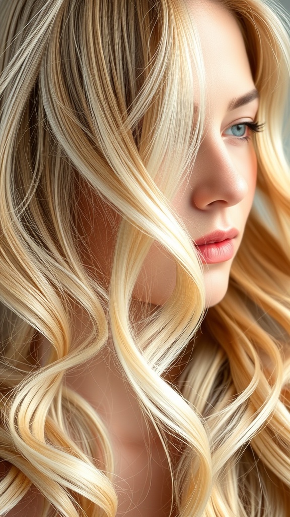 A close-up of a person with pearl blonde highlights in soft waves.