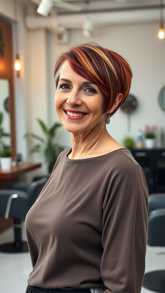 A woman with a short shag hairstyle featuring bold color accents, smiling in a salon.