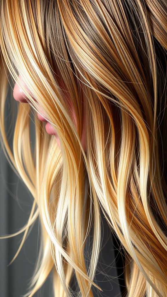 A close-up of hair featuring buttery blonde highlights on chestnut hair, showcasing soft waves and a beautiful blend of colors.
