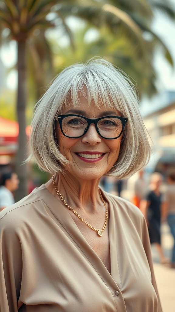 A woman over 60 with a shaggy bob and textured fringe, smiling confidently.