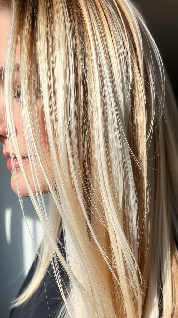 A close-up of hair featuring luminous platinum streaks, showcasing bright highlights and a soft, textured look.