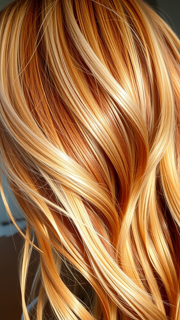 A close-up view of blonde hair with auburn highlights, showcasing flowing waves and a vibrant color blend.