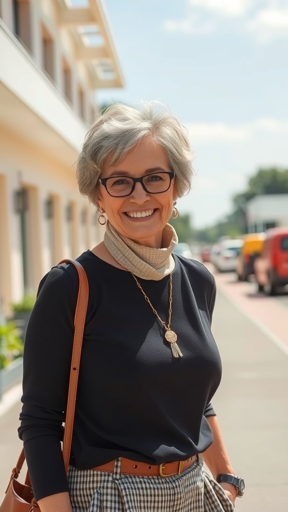 A woman over 60 with a short shag hairstyle and natural curls, smiling outdoors.