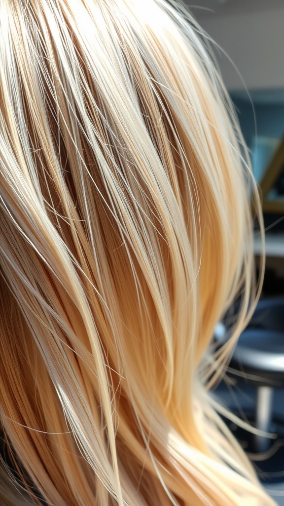 Close-up of hair with iridescent blonde highlights