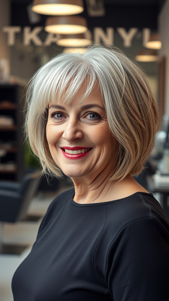 A woman with a shaggy bob hairstyle, featuring dimensional color, smiling in a modern salon setting.