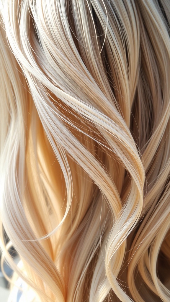 Close-up of hair with vanilla cream highlights, showcasing soft, wavy texture.