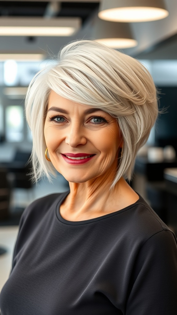 A stylish woman with an asymmetrical shag haircut featuring geometric details, smiling confidently.