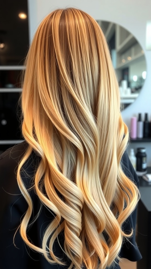 A woman with long, wavy hair featuring golden ombre blonde highlights.