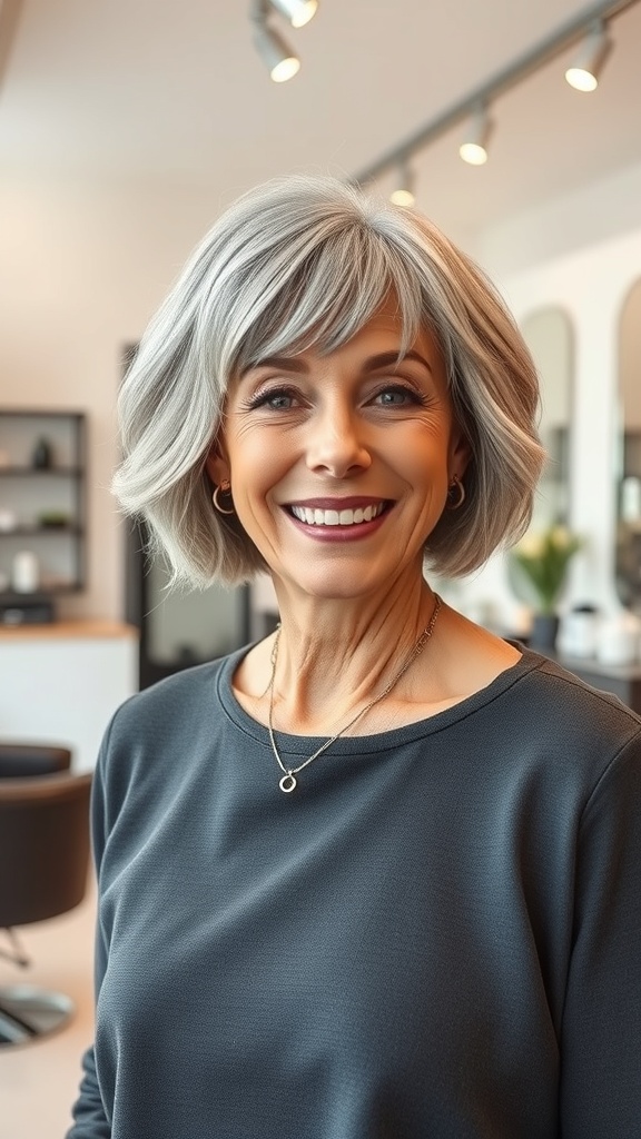 A woman over 60 with a short shag hairstyle featuring soft bangs and subtle volume, smiling in a salon setting.