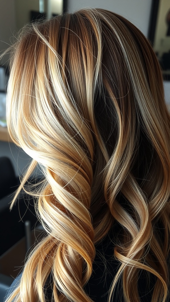 A close-up view of hair styled with smoky blonde highlights, featuring soft curls and a blend of warm and light tones.