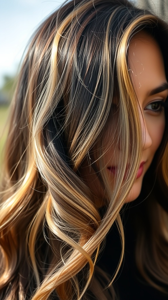 A woman with dark hair featuring ash blonde highlights, styled in soft waves.