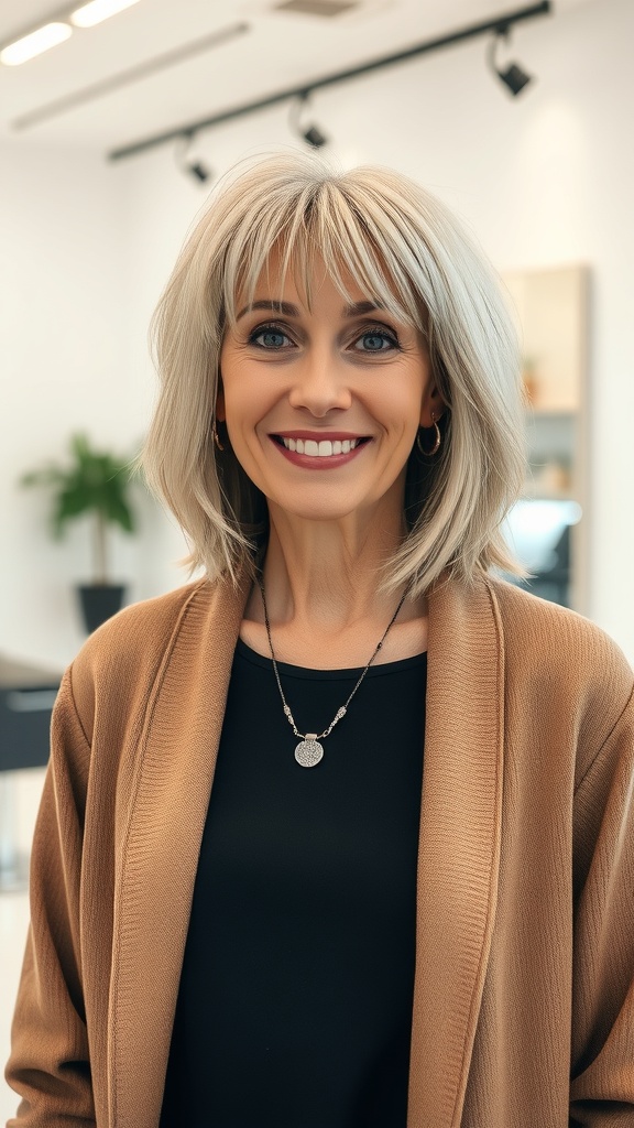 A woman with a choppy shag haircut and long bangs, smiling in a modern salon setting.
