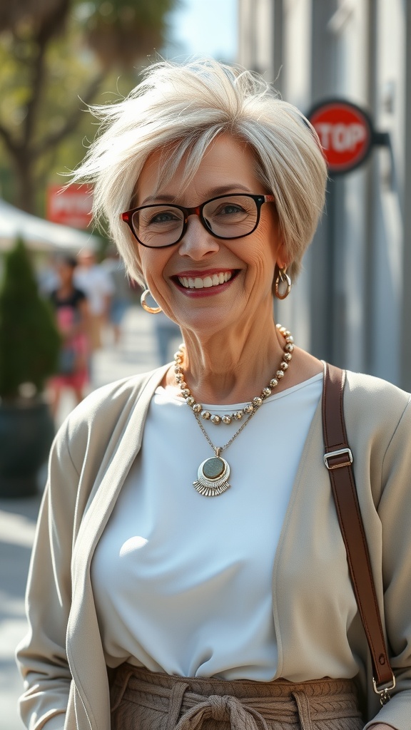 A smiling older woman with a shaggy pixie hairstyle and elongated front, wearing glasses and stylish jewelry.