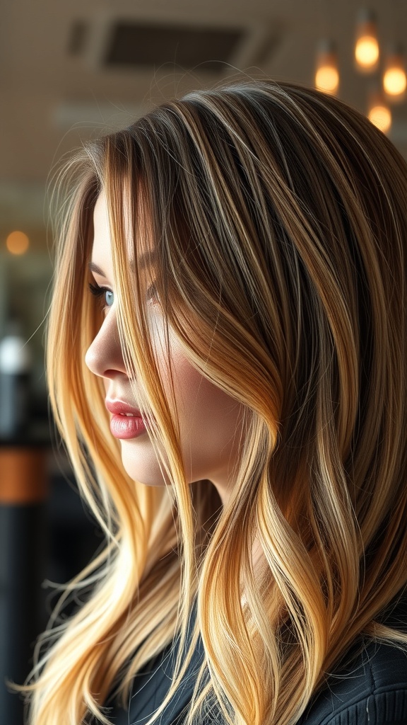A woman with blonde hair featuring soft mocha highlights, styled in gentle waves.