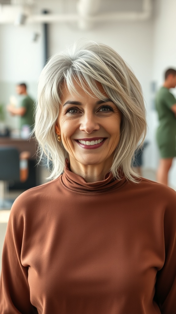 A woman with a tousled shag haircut, smiling confidently in a modern setting.