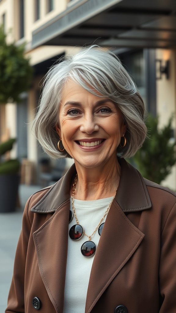 A woman with silver shaggy bob hairstyle and subtle face-framing layers, smiling outdoors.
